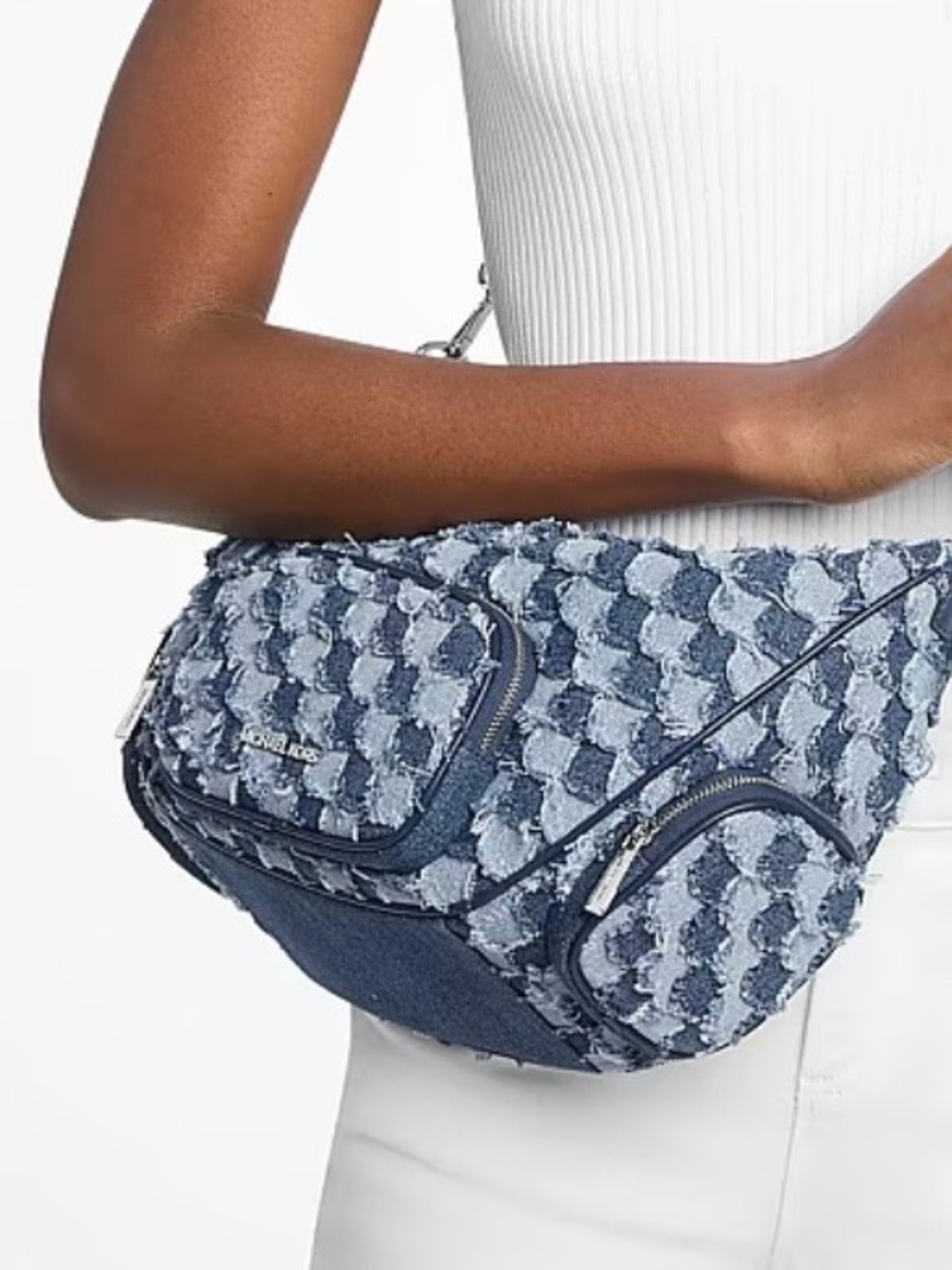 Michael Kors Frayed Denim Patchwork Shoulder Bag in Blue - Picture 2 of 16